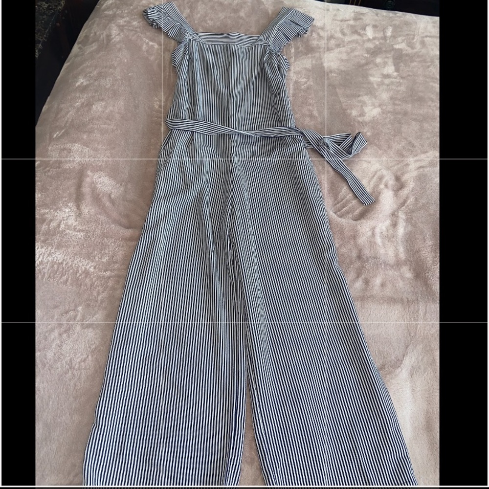 Blue and white off the shoulder jumpsuit